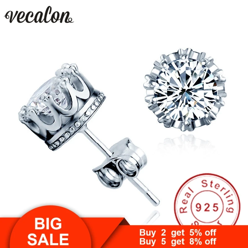 Vecalon, женские серьги в виде короны, 2ct, AAAAA, циркон, Cz, 925 пробы, серебро, вечерние, свадебные серьги-гвоздики для женщин, модное ювелирное изделие