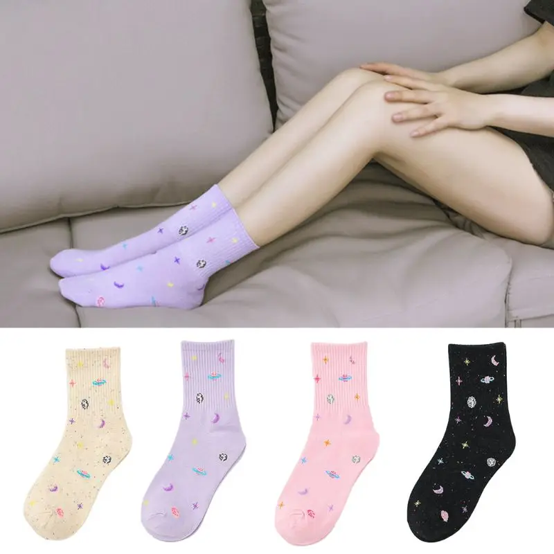 Корейские женские забавные носки из чесаного хлопка в стиле Харадзюку милые чулочно-носочные изделия без пятки с изображением Луны, солнца, земли, планеты, звезд