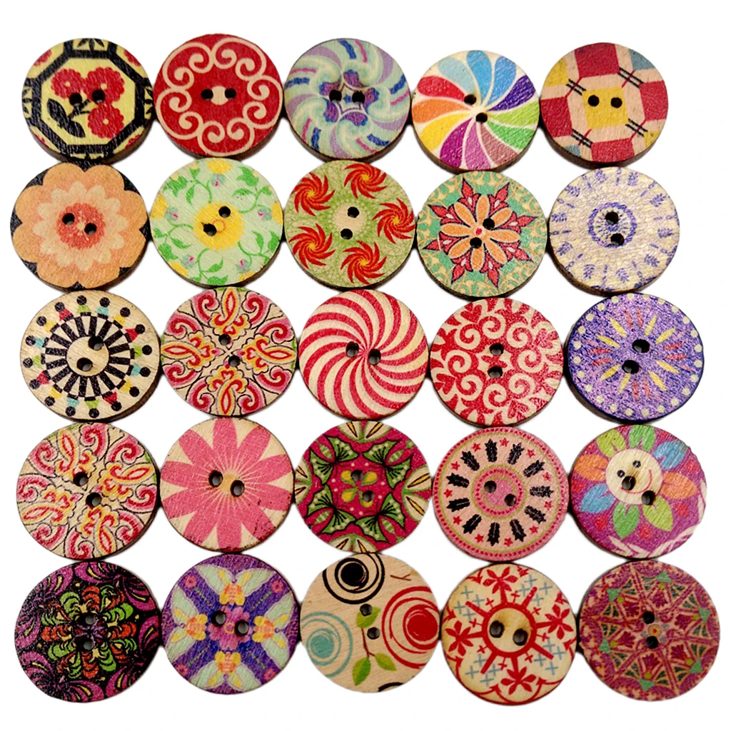 

100pcs Mixed Wooden Buttons in Bulk Flower Buttons for Crafts Button Round Colorful Painting Buttons