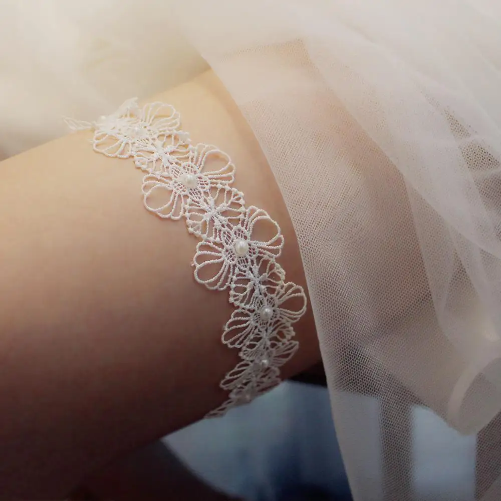 SLBRIDAL Sexy Lace Flower Pearls Wedding Garter Belt Bridal Thigh Leg Garter Ring For Women/Female/Bride