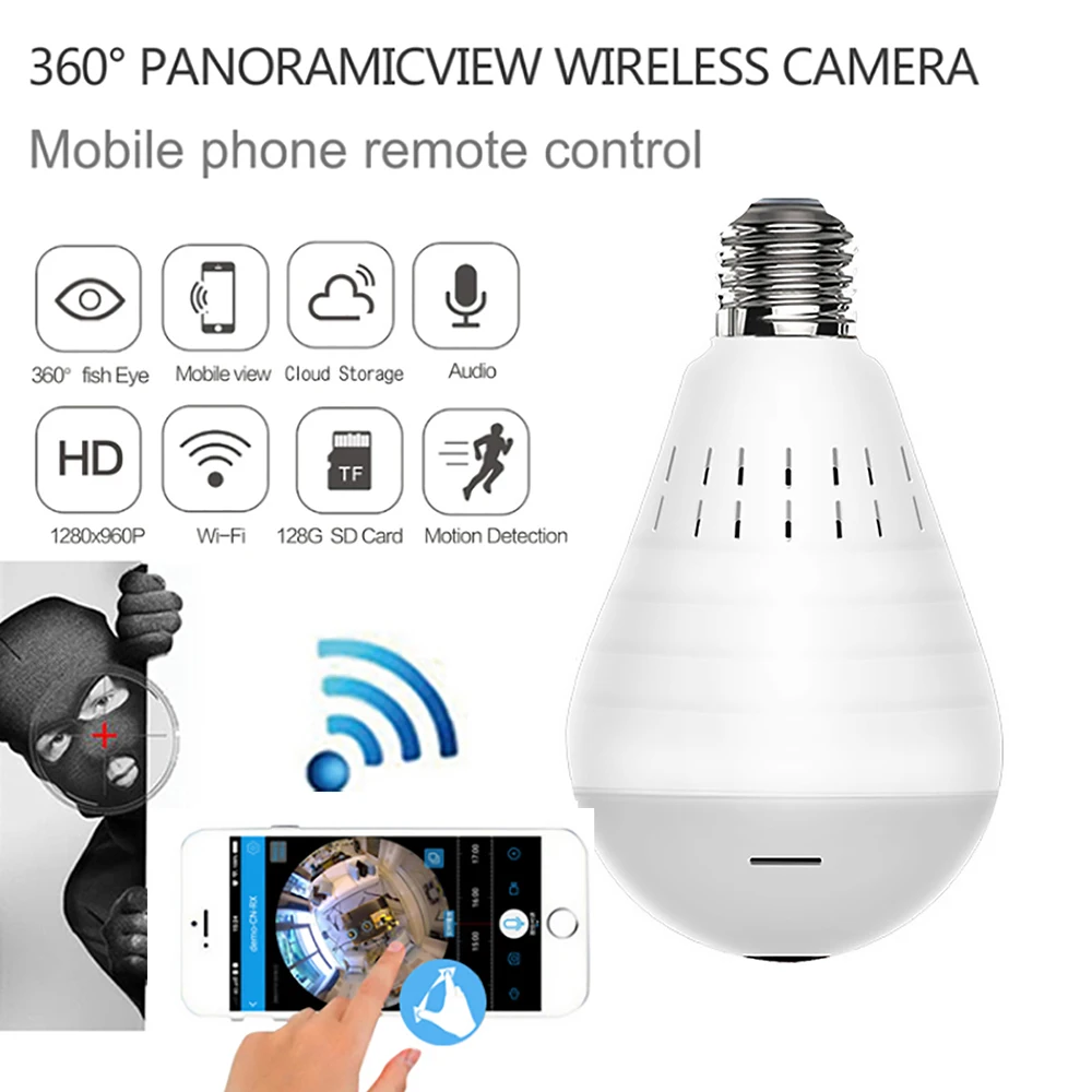 

E27 LED Bulb with Camera 960P Wireless Security WiFi CCTV Fisheye Bulb Lamp 360 Degree Night Vision Light Bulb HD LED Light