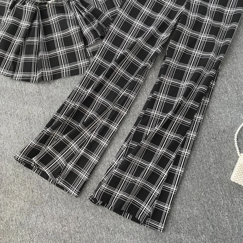 Neploe Temperament Office Work Style 2 Pcs Women Set Slim Waist Plaid Irregular Blazer+ High Waist Hip Horn Trousers Autumn47334
