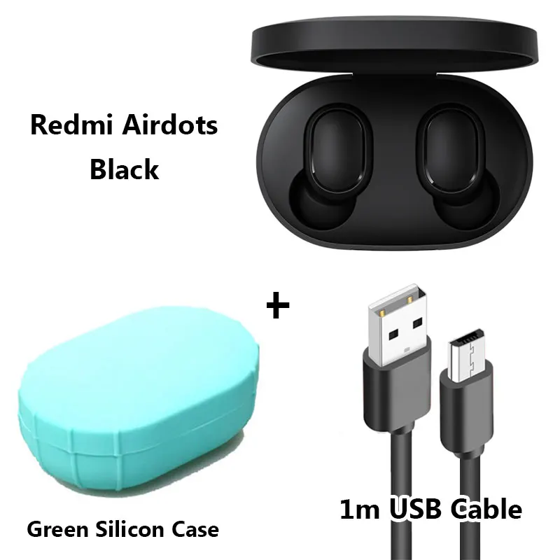 Xiaomi Redmi AirDots, беспроводные наушники с Bluetooth 5,0 и зарядкой, наушники-вкладыши, стерео, басы, наушники с управлением AI, с микрофоном, свободные наушники - Цвет: Add Cable Green Case