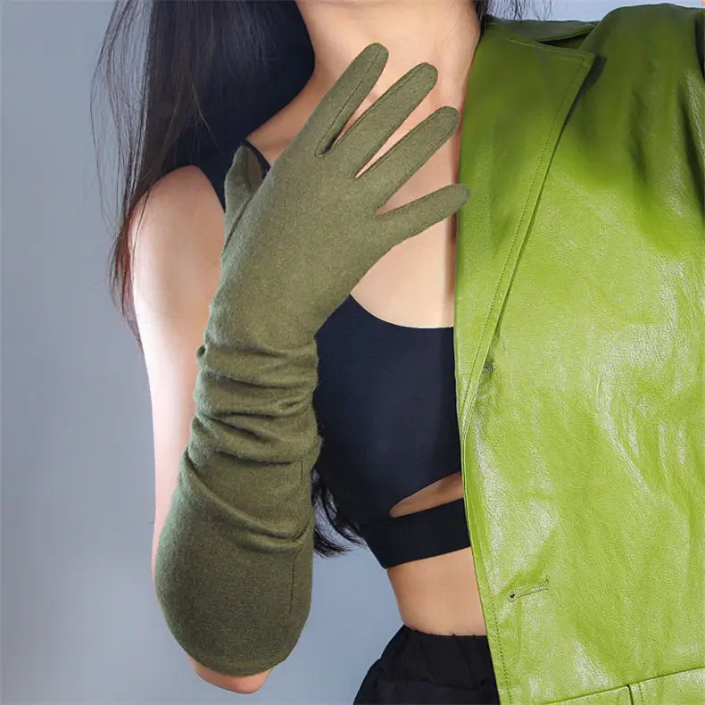 Кашемировые перчатки с длинной секцией 50 см, эластичные шерстяные Твид, маленький ароматный ветровой Вишневый розовый светильник для женщин WYR06 - Цвет: Армейский зеленый