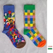 Женские осенне-зимние хлопковые носки в клетку с мультипликационным принтом Harajuku, модные оригинальные уличные носки в стиле хип-хоп