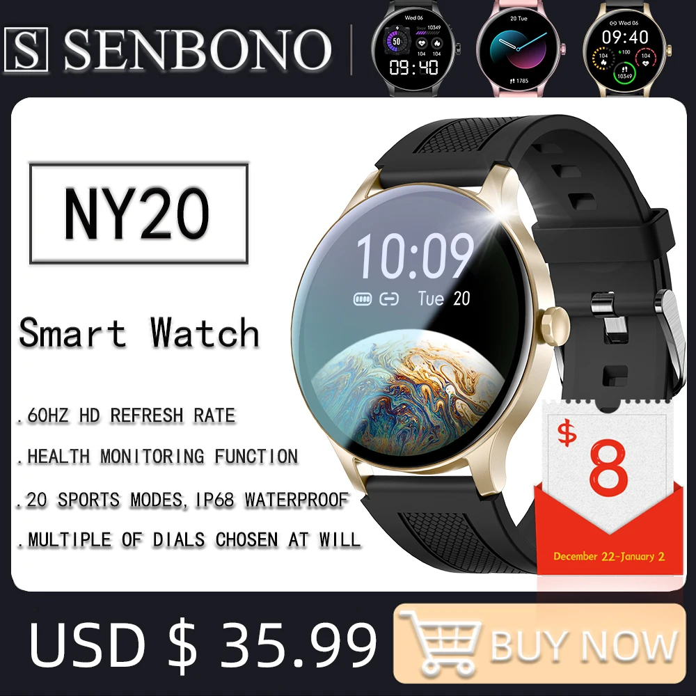 Смарт-часы SENBONO мужские/женские с круглым экраном водостойкие IP68 | Электроника