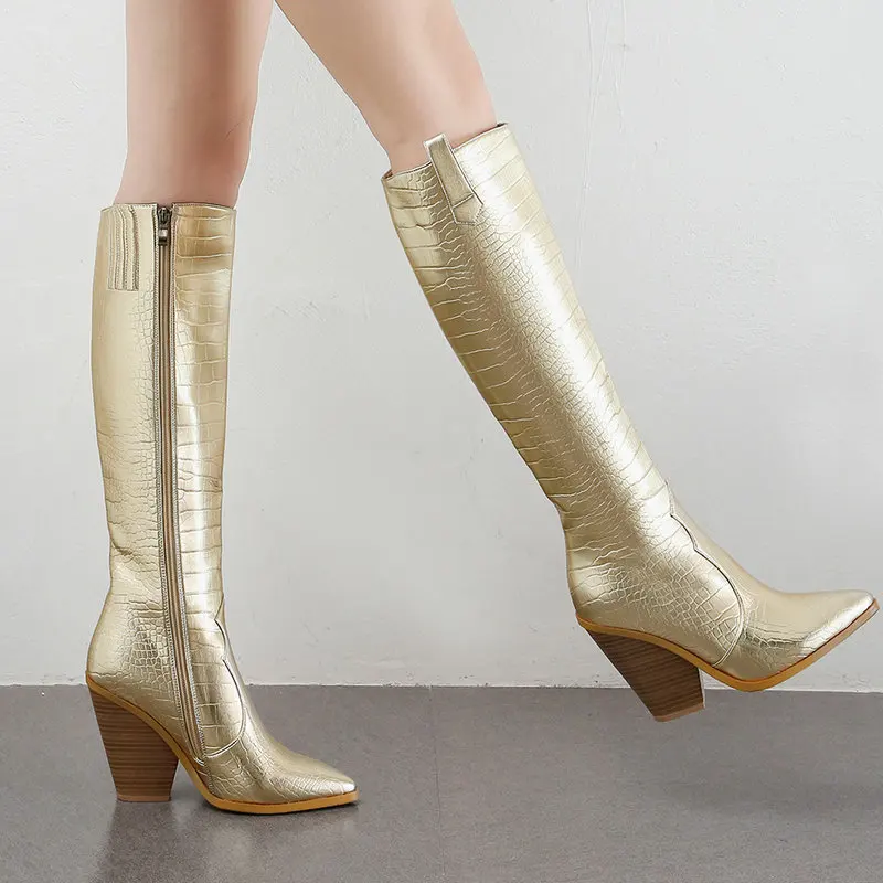2020 Western Cowboy Sepatu Bot Tinggi Lutut Kulit Imitasi Sepatu Bot Wanita  Wedges Modis Sepatu Bot Panjang Hak Tinggi Sepatu Ritsleting Musim Gugur  Musim Dingin|Sepatu Bot Setinggi lutut| - AliExpress