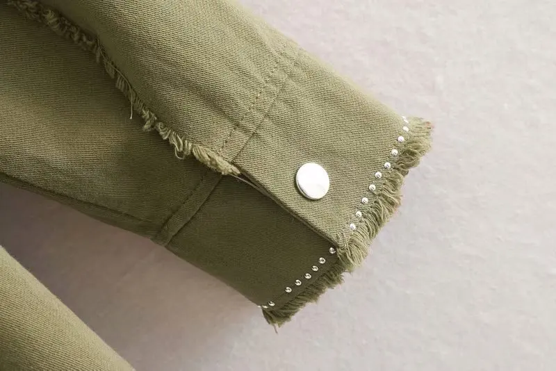 Армейский зеленый отворот стильный негабаритный бисер украшения джинсовая женская куртка кисточка длинный рукав жакет Женская верхняя одежда свободные топы черный