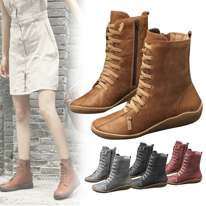 Botas talla 35 43 para mujer Invierno 2019 moda punta redonda encaje Up lateral cremallera Martin botas botas de cuero para mujer hasta el - AliExpress