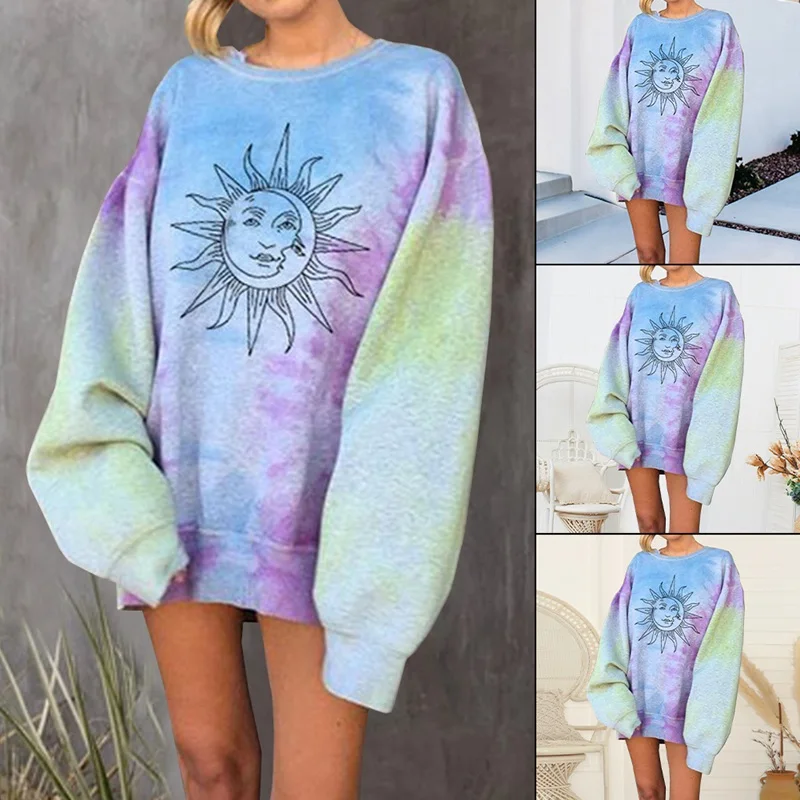 

2020 New Autumn Women Tie Dye Sweatshirts O Neck Long Sleeve Sun Face Print Loose Pullovers Punk Streetwear Sweatshirts Tops 3XL