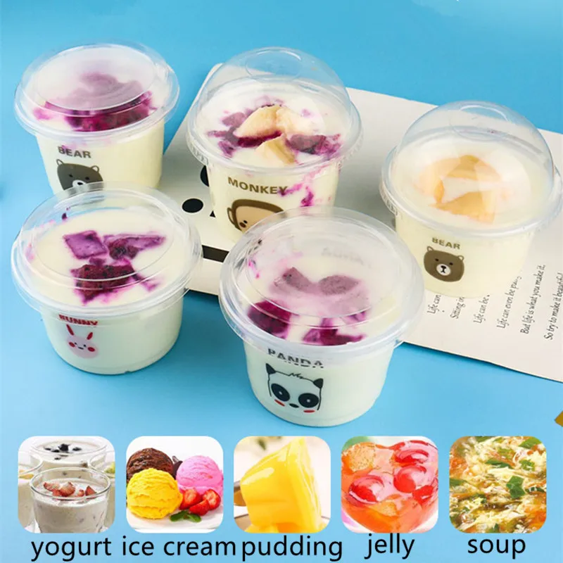 

50pcs Creative cartoon disposable pudding cup 250ml party favor transparent plastic cup yogurt ice cream packaging cups with lid