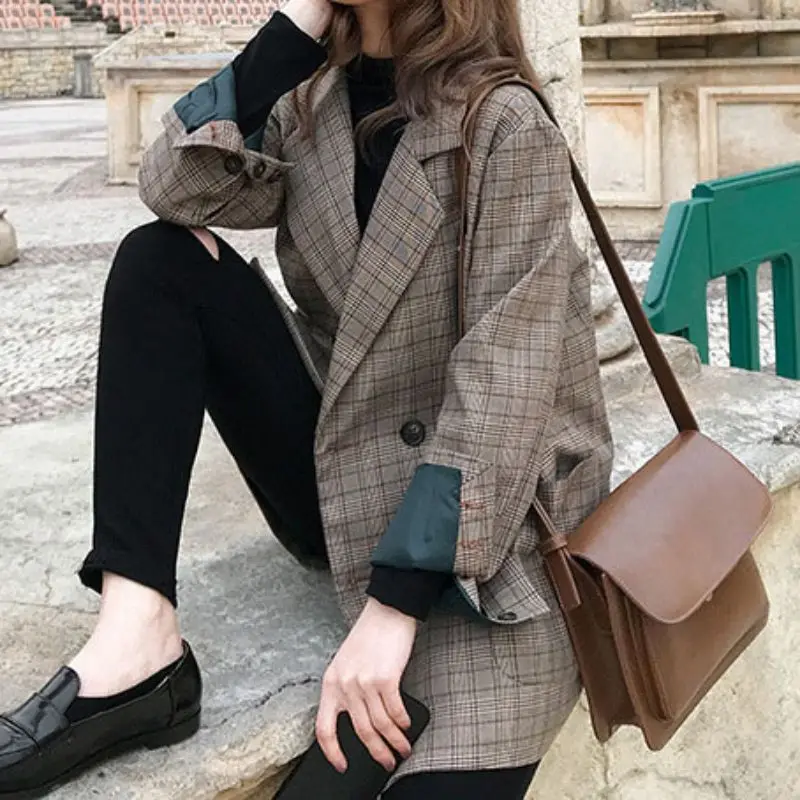 Women Blazer Retro Spring Autumn Plaid Jackets Lapel Casual Long Sleeves Slim Warm Coat British Style Blazer Outwear