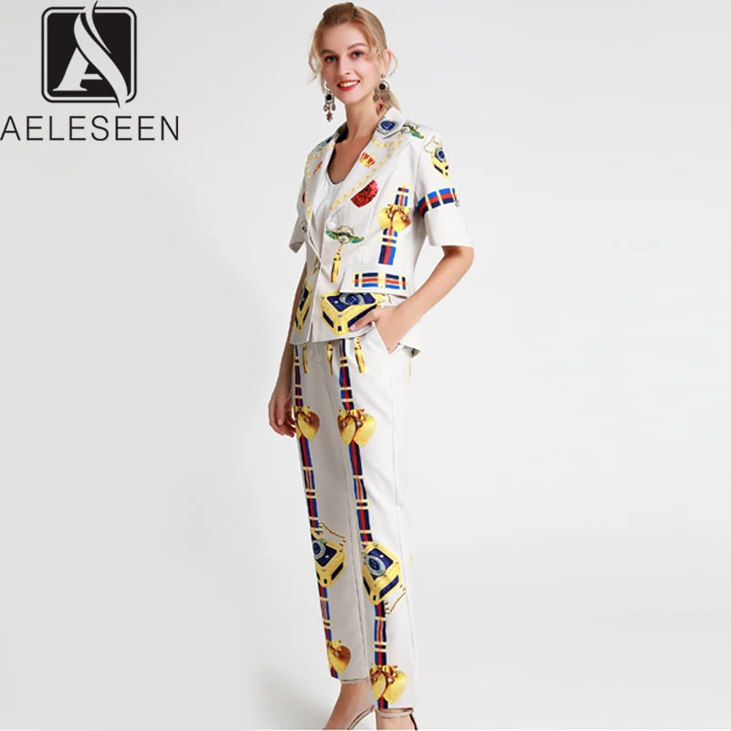 AELESEEN Office Lady Twinset Vrouwen 2019 Nieuw Item Enkele Breasted Flare Mouw Top + Enkellange Broek Vintage Print Suits AELESEEN Office Lady Twinset Vrouwen 2019 Nieuw Item Enkele Breasted Flare Mouw Top + Enkellange Broek Vintage Print Suits