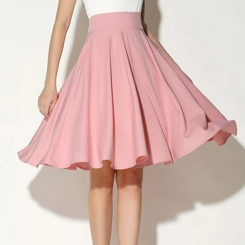 

2023 New Fashion Women Solid Knee-Length Big Swing Umbrella Skirt High Waist Vintage Ladies Midi Saia Skater Skirt