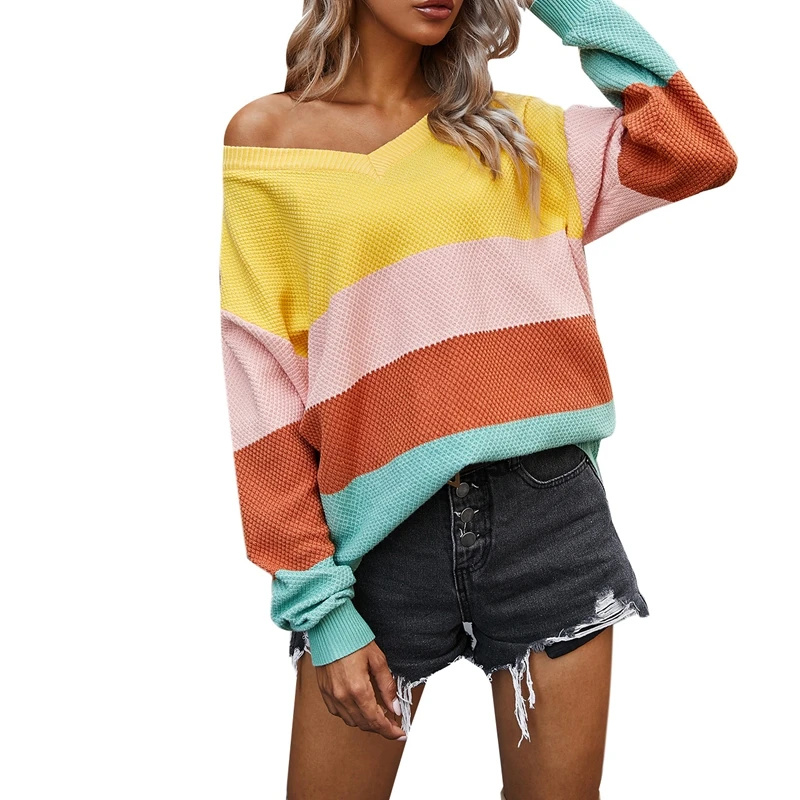 Female Loose Spring Autumn Clothes Knitted Woman Sweaters Pullovers Women's V-Neck Long Sleeve Color Block Sweater Tops Pink XL 1