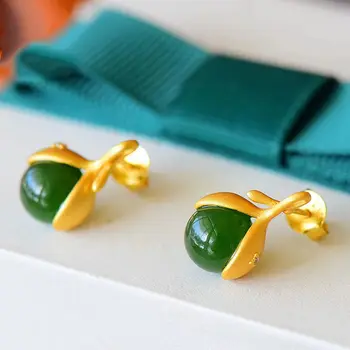 

Silver natural Hetian Jasper plant Earrings Chinese style retro exquisite small palace charm women's Christmas brand jewelry