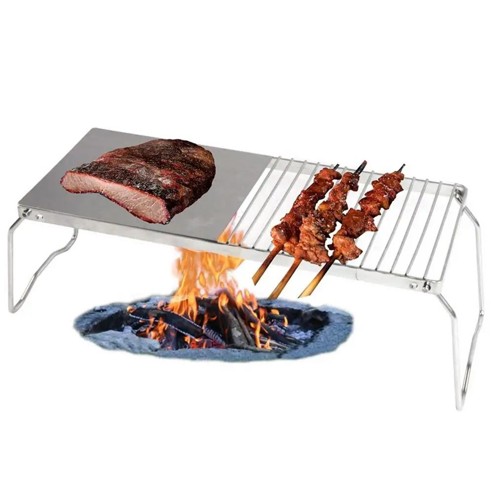 

Camping Convenient Folding Barbecue Bracket Outdoor Stainless Steel Barbecue Tools Dual-use Iron Plate Table Grill