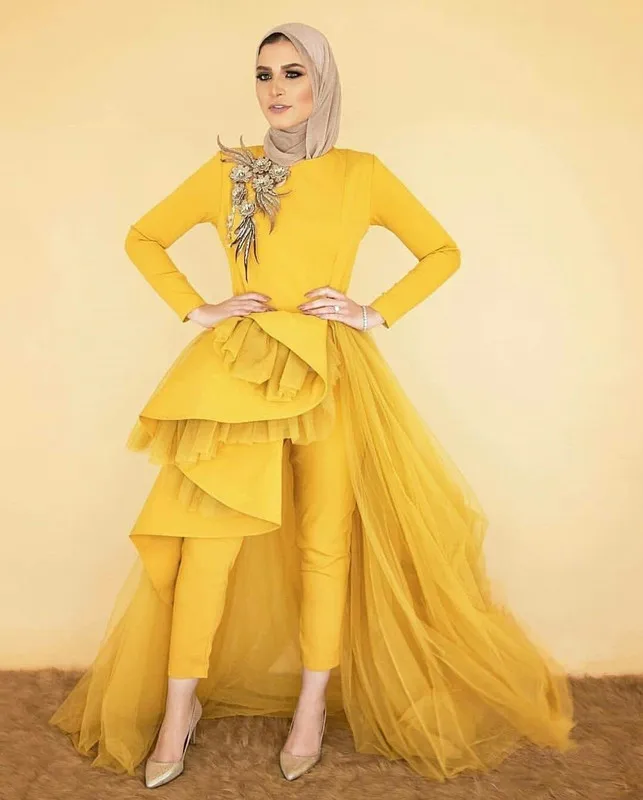Jumpsuit Prom Muslim Kuning dengan 