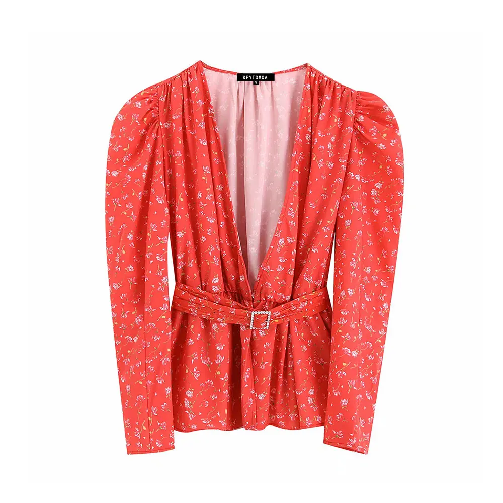 Винтаж стильный Цветочный принт с поясом Обёрточная бумага топы, женские блузки Мода v-образный вырез, с буффами на рукавах, шикарные рубашки Blusas Mujer