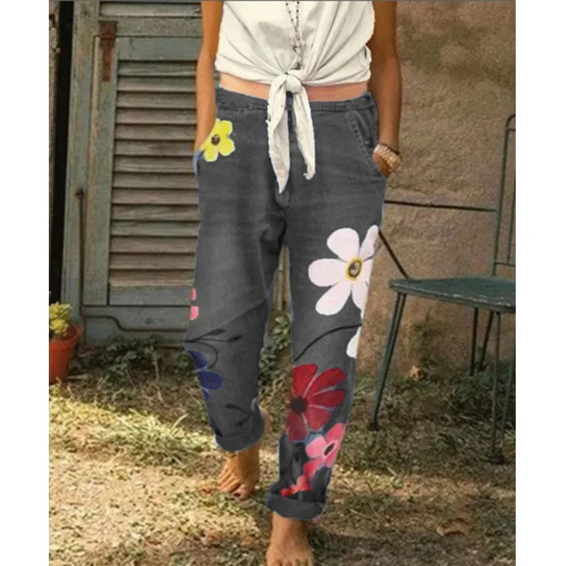 Fashion Chic Women Denim Pants Floral 