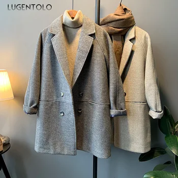 

Lugentolo Women Wool Coat Autumn Winter Loose Casual Fashion Button Suit Collar Simple Straight Stripe Korean Lady Wool Blends