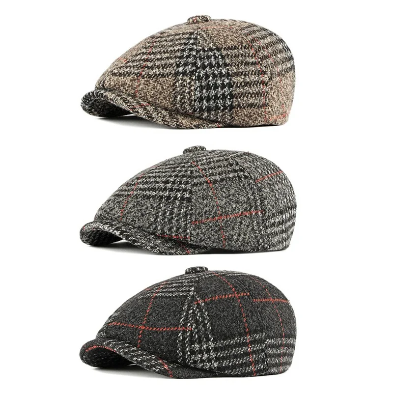 Осенне-зимняя шерстяная шляпа, плоская кепка, Ретро стиль, Клетчатая Кепка для мужчин и женщин, восьмиугольная кепка Newsboy, клетчатая шапка художника, шапка для мужчин и женщин, берет