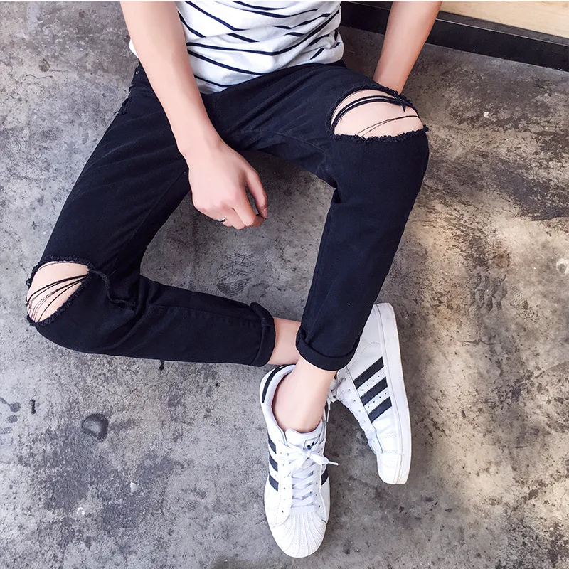 2022 Wholesale Teenagers Street Men's Ankle Length Jeans Boy Ripped Holes Slim Feet Summer Youth Pants Trendy Pencil Pants