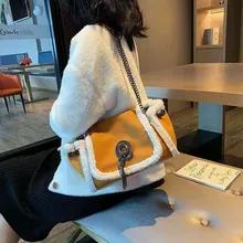

Autumn And Winter Square Cashmere Women's Bag Metal Chain Frosted Pu Leather Large Capacity Brand Designer Fashion Shoulder Bag