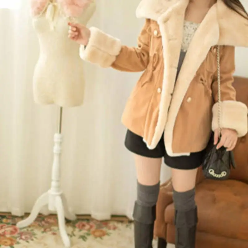 Корейский стиль, Женское пальто, зимнее шерстяное пальто, женская верхняя одежда, длинный рукав, с отворотом, толстое пальто, двубортное, шерстяное, сохраняющее тепло
