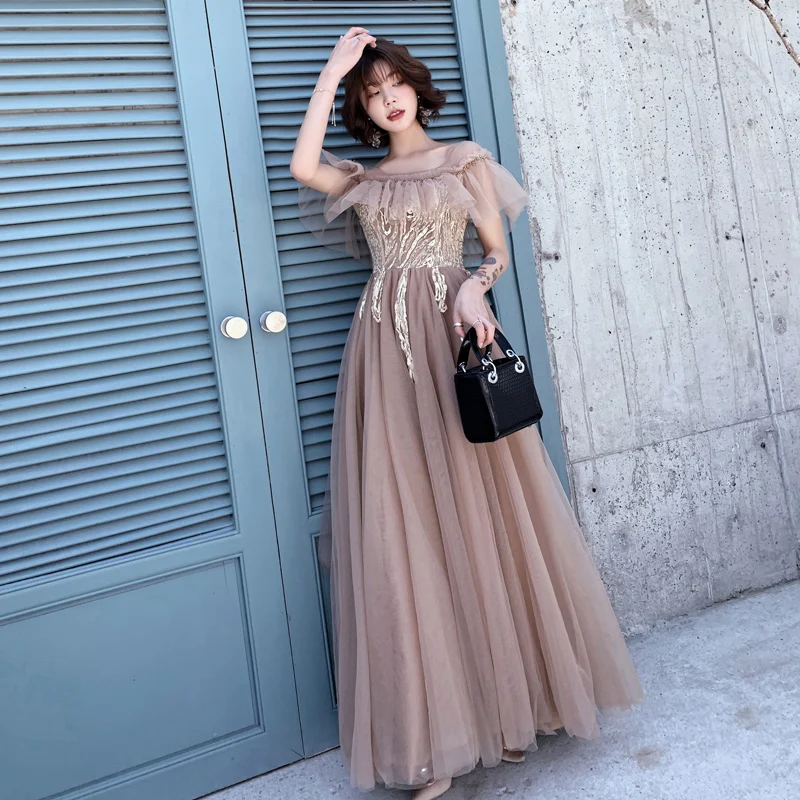 

Champagne Lady Off Shoulder Mesh Pleated Qipao Appliques Cheongsam Sexy 2020 New Lace Up Party Prom Gown Elegant Slim Maxi Dress