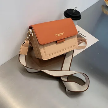 

Women Shoulder Bag Purses Contrast Color PU Leather Handbags Wide Strap Female Simple Flap Hand Bag Crossbody Messenger Bags