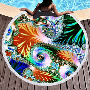 

Creative Round Beach Towel Colorful Feather Printed Microfiber Thicken Shower Bath Towels Summer Mat Swimming Towel With Tassels