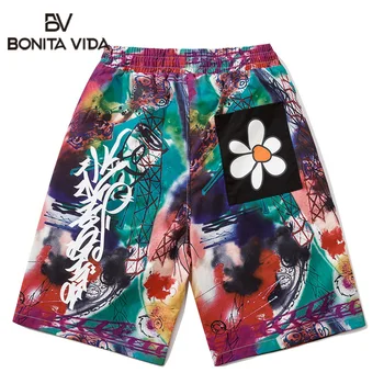

Bonita Vida Hip Hop Graffiti Ink Shorts Mens Summer Punk Rock Hipster Pockets Elastic Waist Short Pants Trousers Streetwear