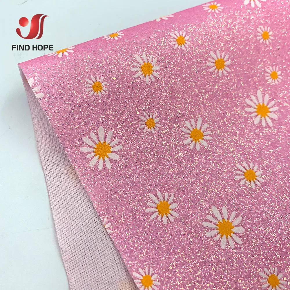 A4 20*30CM Glow in the dark Daisy Floral Printed Fine Glitter Faux Leather Sewing Fabric Sparkle DIY Craft Brooch Bows Earring