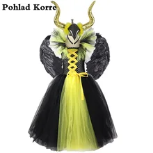 Золотые рожки для девочек, черный костюм королевы на Хэллоуин, платье-пачка для девочек, детские платья на Рождество, день рождения, одежда XX