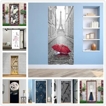 

3D Door Stickers PVC Adhesive Iron Tower Wallpaper Dinosaur Print Picture Home Decoration Waterproof Mural Decal For Living Room