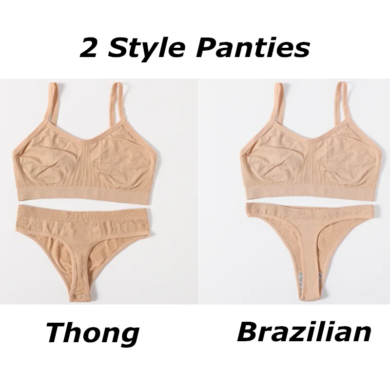 Women Lingerie Set Bra And Panties Low Waist Thongs Non-wire Sports Ribbed