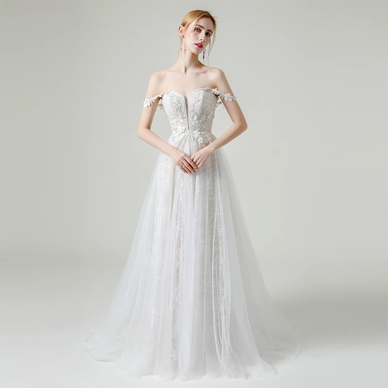 

FENTEFEN Simple High-quality Wedding Dress 2020 Lace Robe De Mariee Vestidos De Novia Brides Dresses Trip Shoot DF-0066