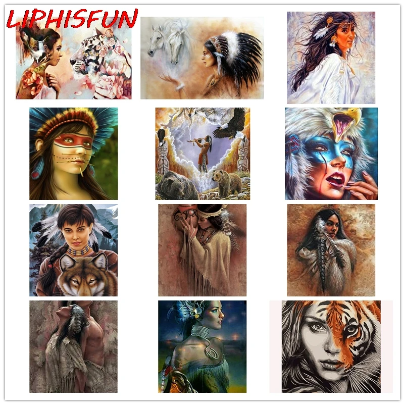 5D Diy Diamond Painting Indian Woman Girl Wolf Animal Man Embroidery Full Drill square Resin Rhinestones Home Decor | Дом и сад