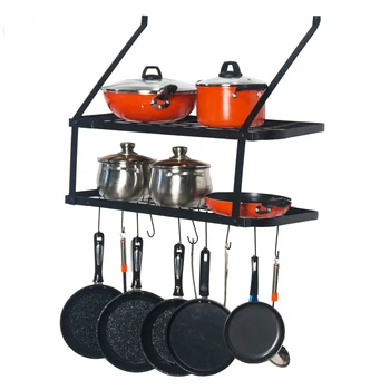 

2 Tire Floating Shelf Pot Rack Wall Mounted Pan Hanging Racks Kitchen Cookware Wall Organizer Shelves for Pots,Pans,Utensils