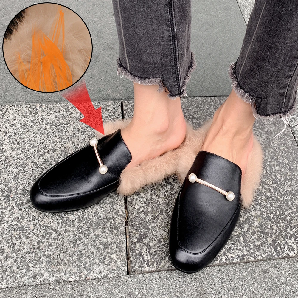 

Женские мюли без застежки, из натуральной кожи, с кроличьим мехом