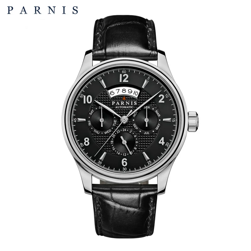 

43mm Parnis Mechanical Watches Men Automatic Sapphire Crystal 5BAR Black Dial Silver Top Brand Luxury Timepieces erkek kol saati