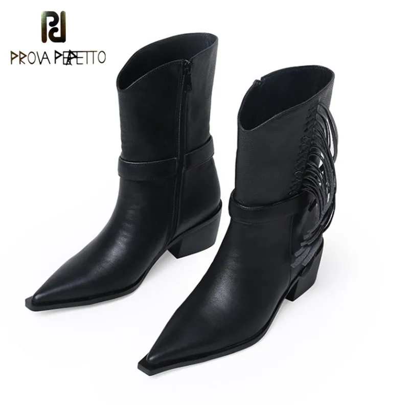 

Prova Perfetto Genuine Leather Women Pointed Toe Western Cowboy Boots Women Mid-calf Chunky Wedges Boots Woman Runway Boots 2020