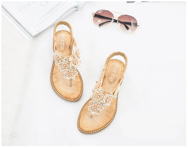 YAERNI Women Sandals New Fashion Bead Flower Round Toe Flip-flop Sandals Female Trend Summer Shoes Woman Plus Size 36-42