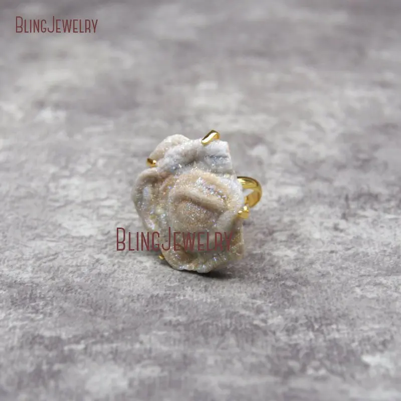 Солнечное кварцевое КОЛЬЦО Druzy, заполненное золотом, Серебряное регулируемое кольцо Agates Drussy RM28214