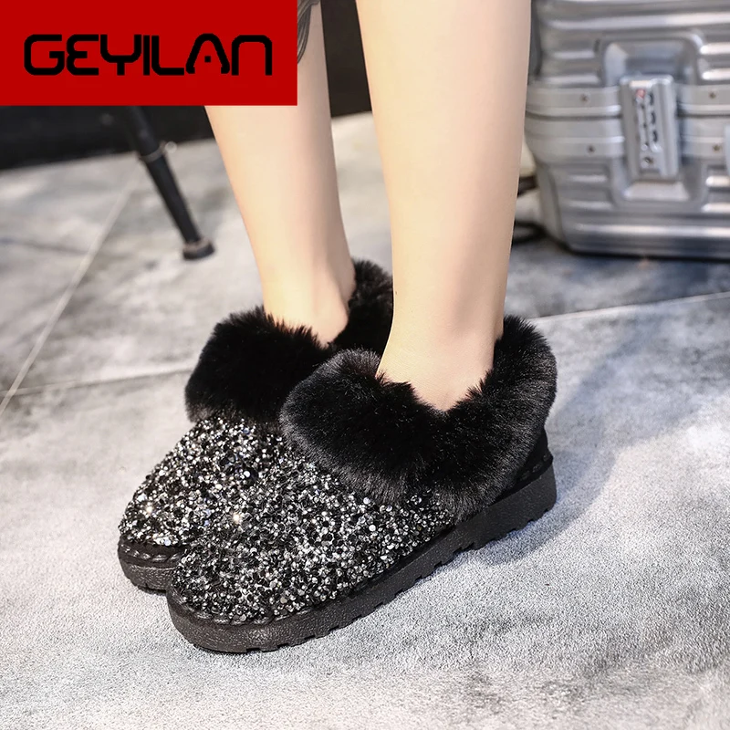 

Winter Flat Shoes Sequined Cloth Women Ankle Boot Warm Plush Inside Ankle Boot Round Toe Antiskid Black Khaki Snow Boots U11-17