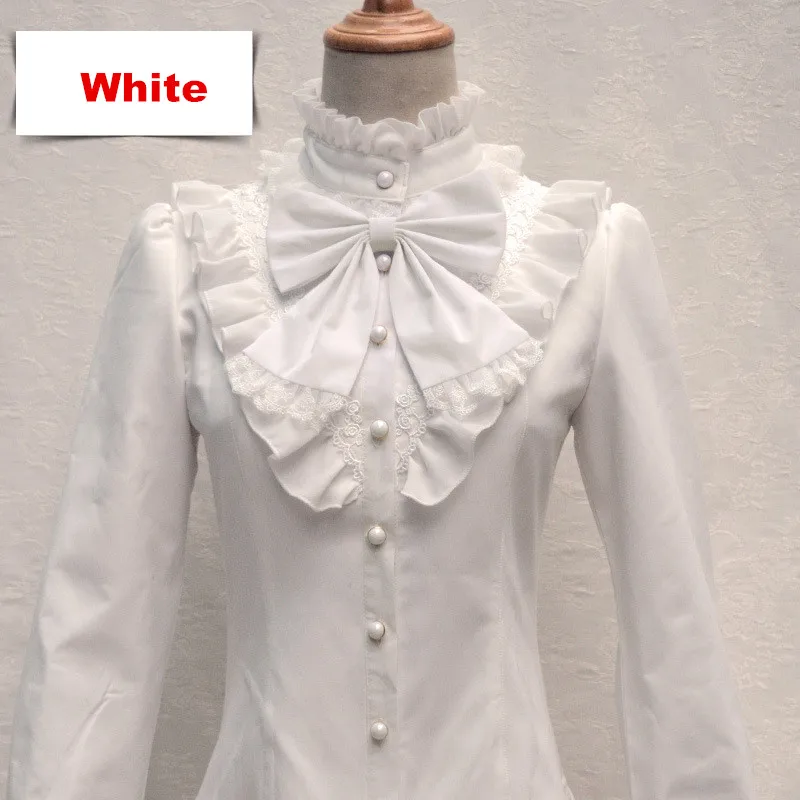 Женские блузки в стиле Лолиты, зимние, с длинным рукавом, теплые, фланелевые, с подкладкой, со стоячим воротником, милые, с бабочкой, Agaric hem, винтажные, королевские, тонкие рубашки - Цвет: Белый