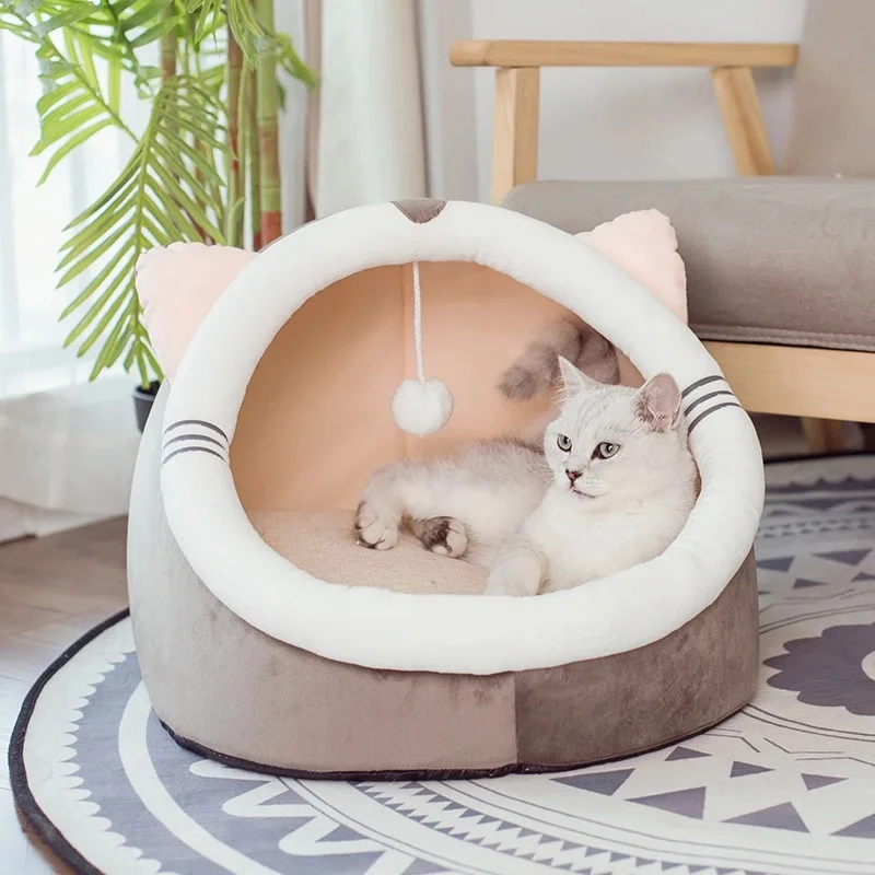 Pet Cat Bed House With Hanging Ball Winter Warm Soft Cats Nest Kennel Pets Cave For Small Medium Dogs Cats Supplies Sleeping Bag