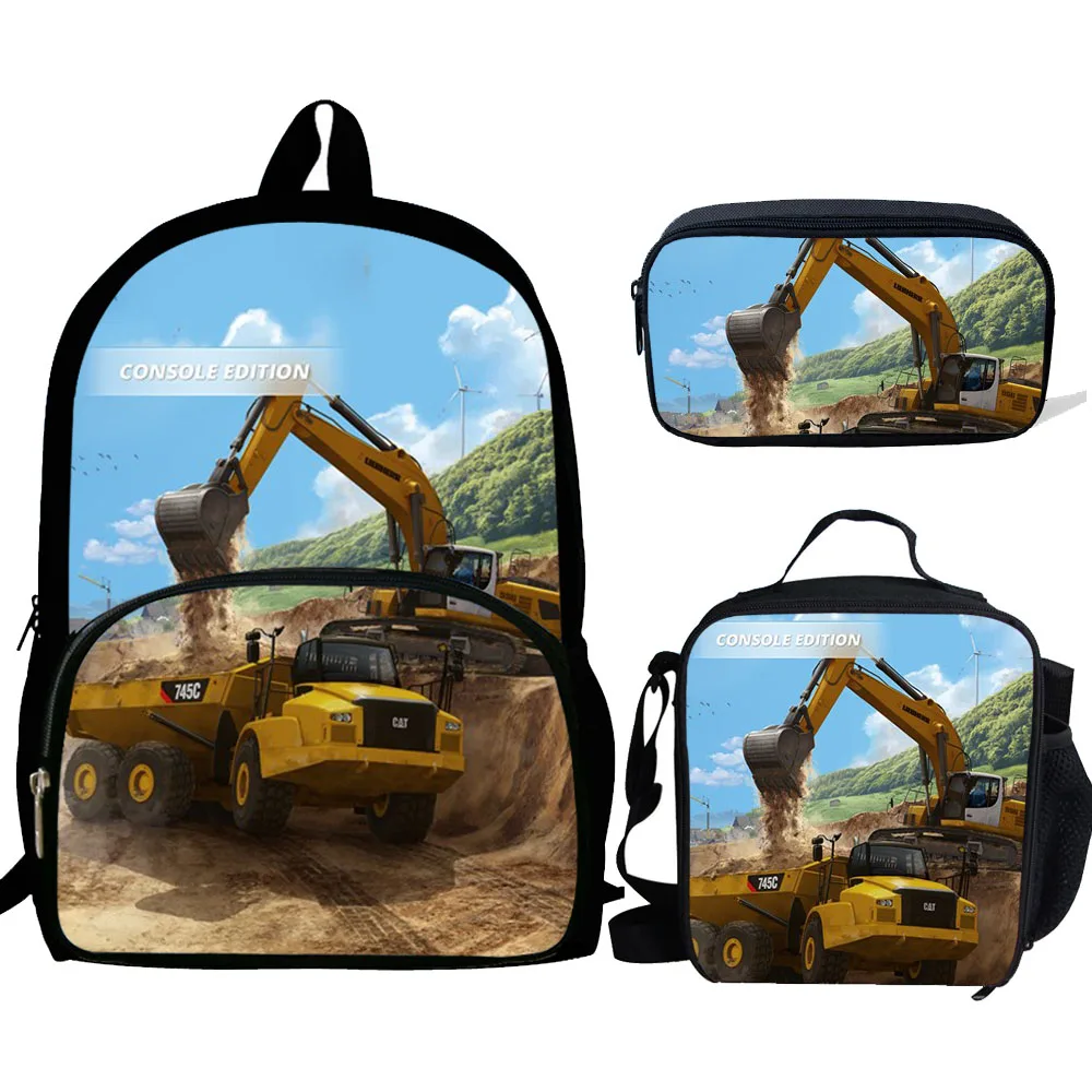 

3pcs Digger Simulator Print Bookbags Set With Lunch Box Children School Bags Backpack Teenager Boys Kit Mochila Escolar Infantil