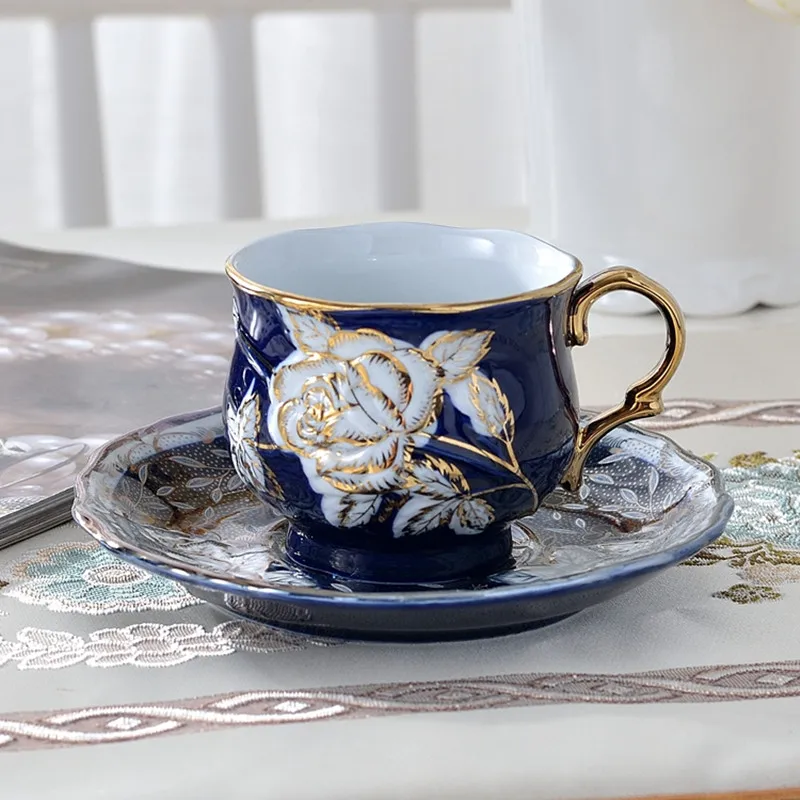 Blue Rose cup and saucer set Vintage ceramic porcelain color gold coffee cup free shipping - Цвет: Синий